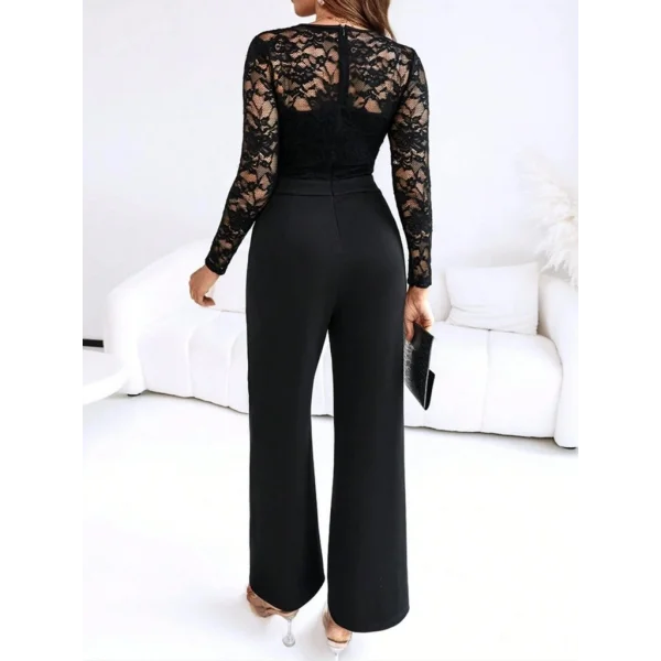 Kadın Uzun Kollu Kruvaze Yakalı Dantelli önünde Toka Detaylı Uzun Ithal Krep Tulum