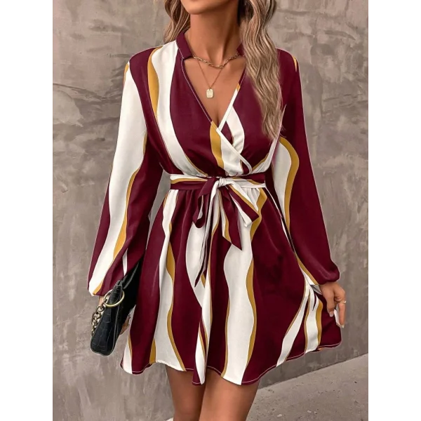 Kadın Uzun Kollu Kruvaze Yakalı Desenli Modal Mini Elbise