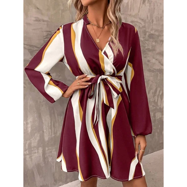 Kadın Uzun Kollu Kruvaze Yakalı Desenli Modal Mini Elbise