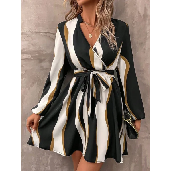 Kadın Uzun Kollu Kruvaze Yakalı Desenli Modal Mini Elbise