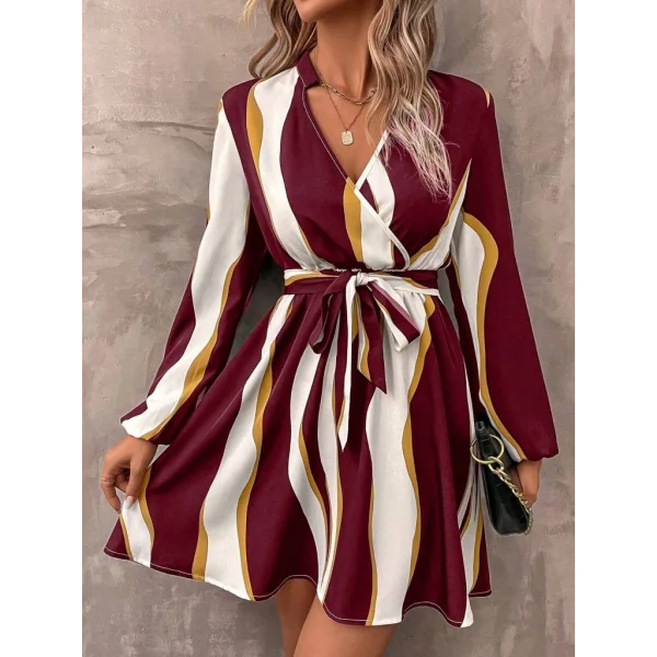 Kadın Uzun Kollu Kruvaze Yakalı Desenli Modal Mini Elbise