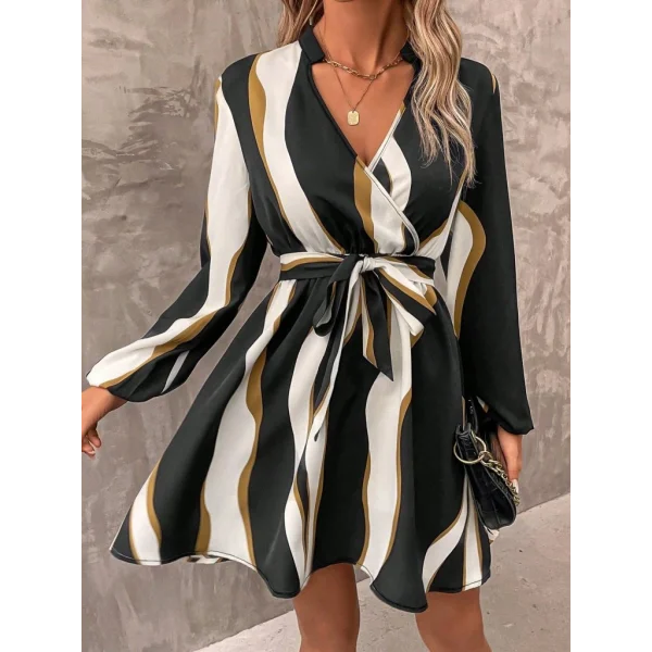 Kadın Uzun Kollu Kruvaze Yakalı Desenli Modal Mini Elbise