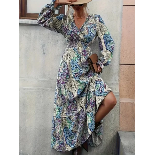 Kadın Uzun Kollu Kruvaze Yakalı Desenli Süprem Maxi Elbise