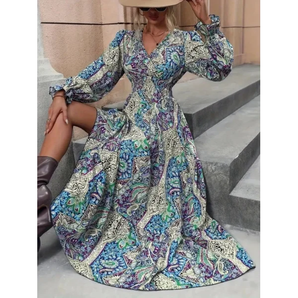 Kadın Uzun Kollu Kruvaze Yakalı Desenli Süprem Maxi Elbise