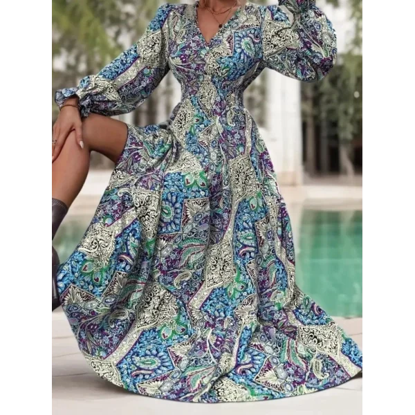 Kadın Uzun Kollu Kruvaze Yakalı Desenli Süprem Maxi Elbise