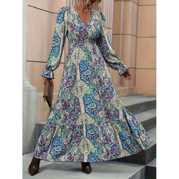 Kadın Uzun Kollu Kruvaze Yakalı Desenli Süprem Maxi Elbise