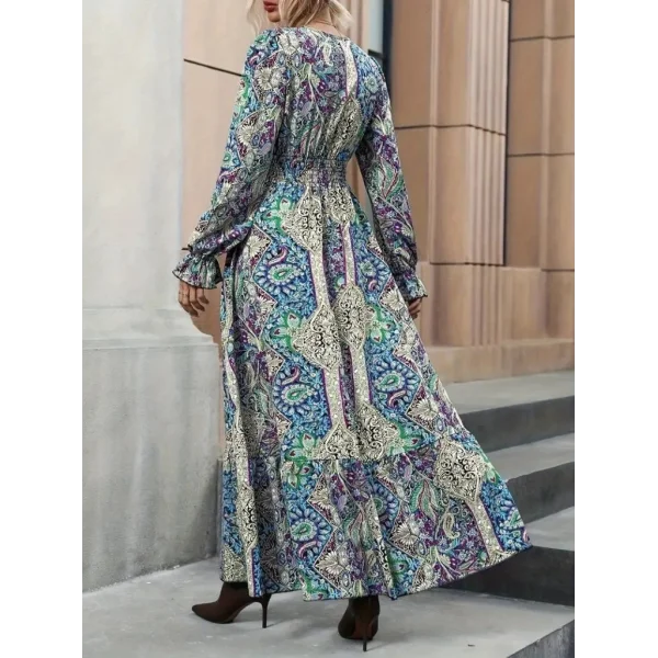 Kadın Uzun Kollu Kruvaze Yakalı Desenli Süprem Maxi Elbise