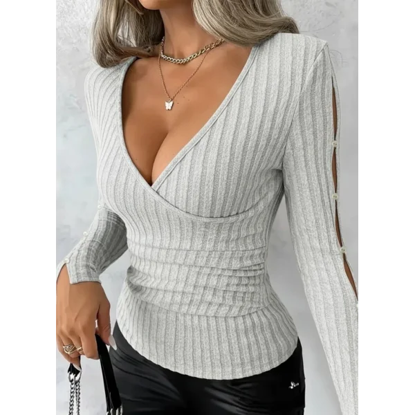 Kadın Uzun Kollu Kruvaze Yakalı Incili şardonlu Kaşkorse Bluz