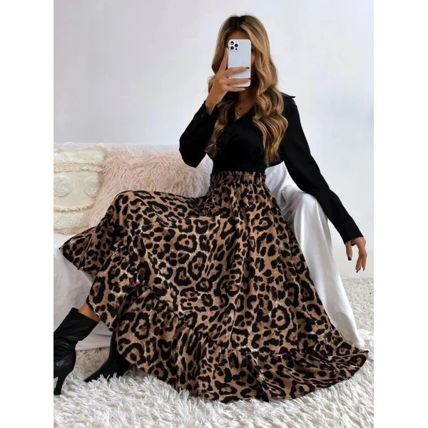 Kadın Uzun Kollu Kruvaze Yakalı Ithal Krep Bluz Ve Leopar Desenli Süprem Uzun Elbise