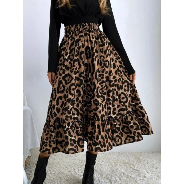 Kadın Uzun Kollu Kruvaze Yakalı Ithal Krep Bluz Ve Leopar Desenli Süprem Uzun Elbise