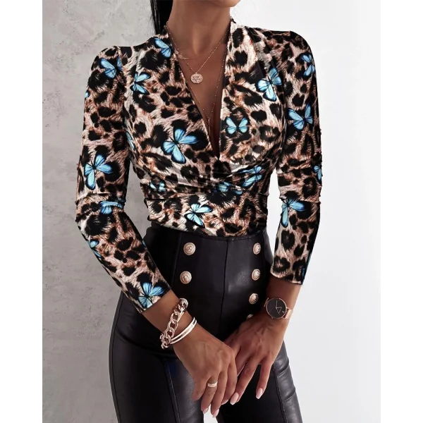Kadın Uzun Kollu Kruvaze Yakalı Kelebek Desenli şardonlu Dalgıç Bluz