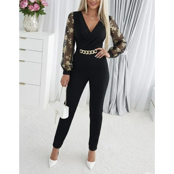 Kadın Uzun Kollu Kruvaze Yakalı Kolları çiçek Desenli Janjan Krep Tulum