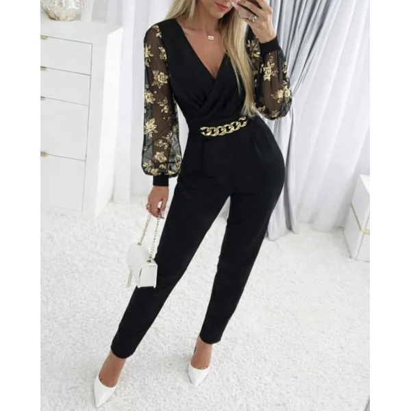 Kadın Uzun Kollu Kruvaze Yakalı Kolları çiçek Desenli Janjan Krep Tulum