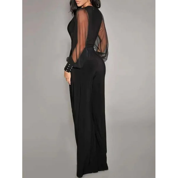 Kadın Uzun Kollu Kruvaze Yakalı Kolları Tüllü Viskon Tulum