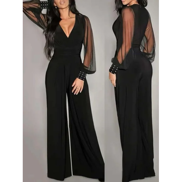 Kadın Uzun Kollu Kruvaze Yakalı Kolları Tüllü Viskon Tulum