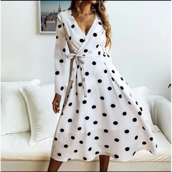 Kadın Uzun Kollu Kruvaze Yakalı Kuşaklı Puantiyeli Uzun Krep Elbise