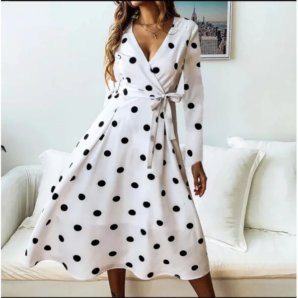 Kadın Uzun Kollu Kruvaze Yakalı Kuşaklı Puantiyeli Uzun Krep Elbise