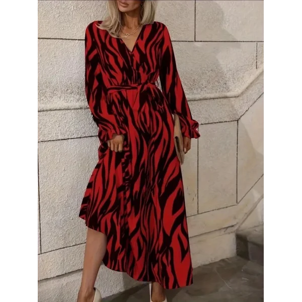 Kadın Uzun Kollu Kruvaze Yakalı Kuşaklı Zebra Desenli Süprem Maxi Elbise