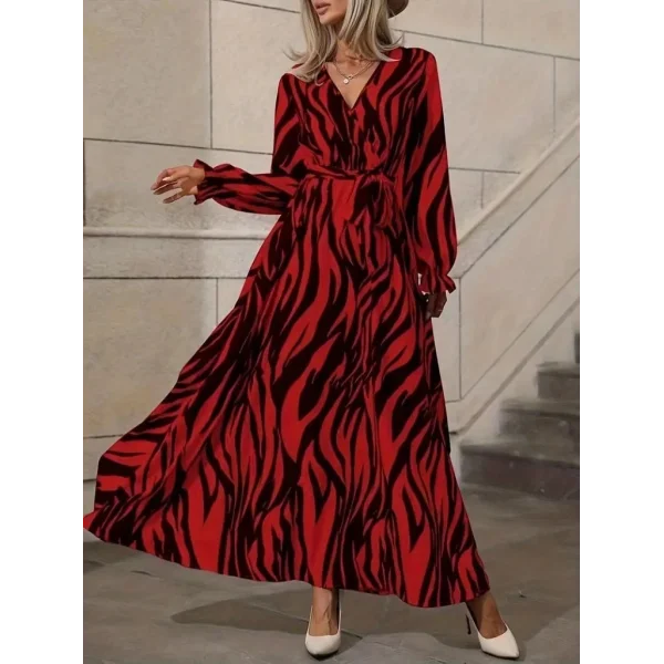 Kadın Uzun Kollu Kruvaze Yakalı Kuşaklı Zebra Desenli Süprem Maxi Elbise