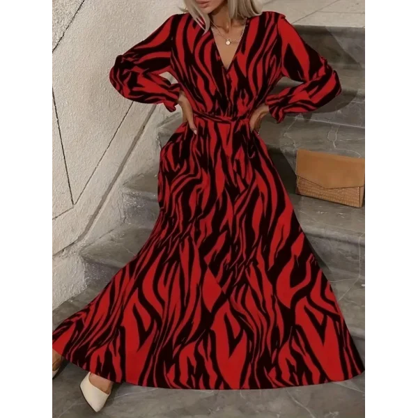 Kadın Uzun Kollu Kruvaze Yakalı Kuşaklı Zebra Desenli Süprem Maxi Elbise