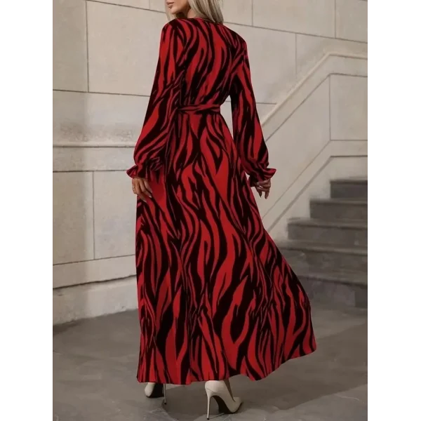 Kadın Uzun Kollu Kruvaze Yakalı Kuşaklı Zebra Desenli Süprem Maxi Elbise