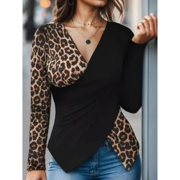 Kadın Uzun Kollu Kruvaze Yakalı Leopar Desen Detaylı Viskon Bluz