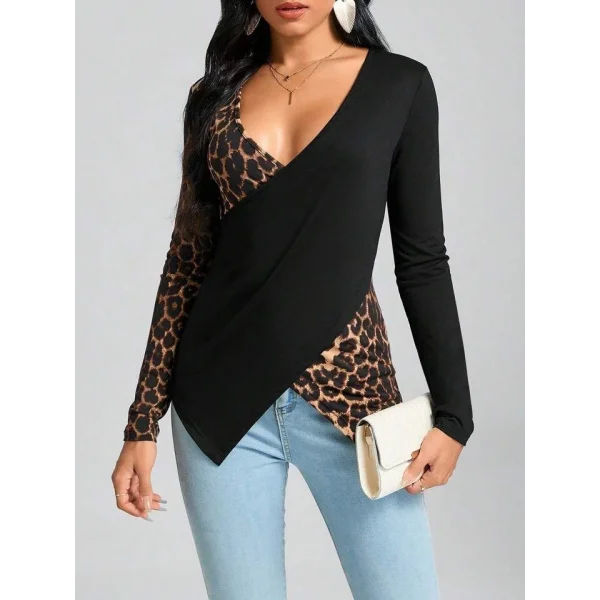 Kadın Uzun Kollu Kruvaze Yakalı Leopar Desen Detaylı Viskon Bluz