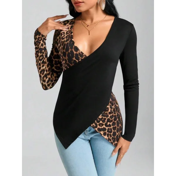Kadın Uzun Kollu Kruvaze Yakalı Leopar Desen Detaylı Viskon Bluz