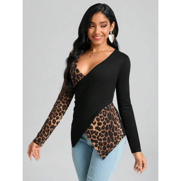 Kadın Uzun Kollu Kruvaze Yakalı Leopar Desen Detaylı Viskon Bluz