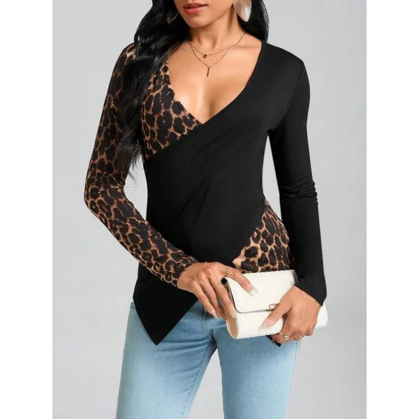 Kadın Uzun Kollu Kruvaze Yakalı Leopar Desen Detaylı Viskon Bluz