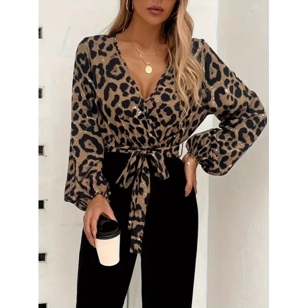 Kadın Uzun Kollu Kruvaze Yakalı Leopar Desenli Belden Kuşaklı üst Dalgıç Alt Krep Tulum