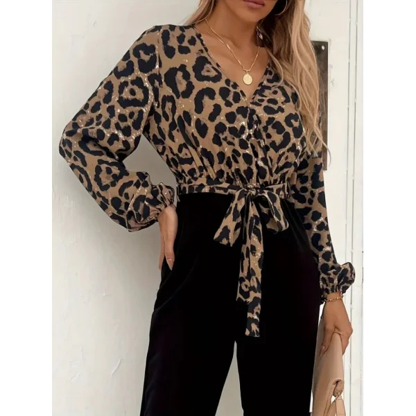 Kadın Uzun Kollu Kruvaze Yakalı Leopar Desenli Belden Kuşaklı üst Dalgıç Alt Krep Tulum