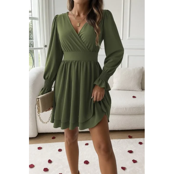 Kadın Uzun Kollu Kruvaze Yakalı Mini Sandy Elbise