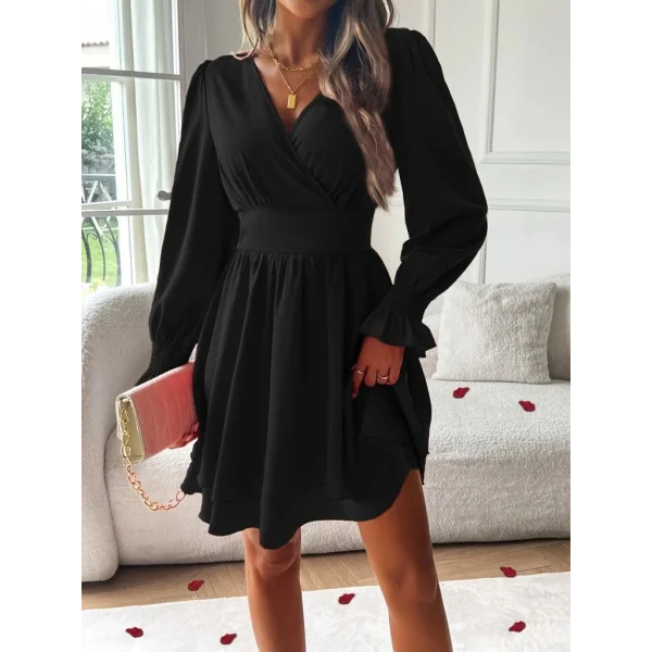 Kadın Uzun Kollu Kruvaze Yakalı Mini Sandy Elbise