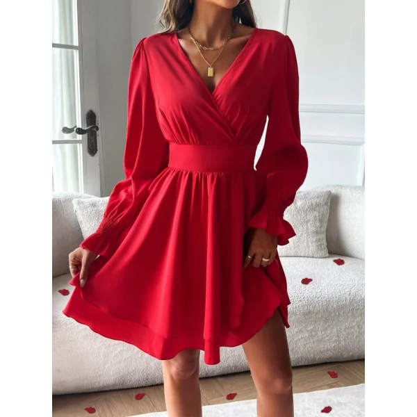 Kadın Uzun Kollu Kruvaze Yakalı Mini Sandy Elbise