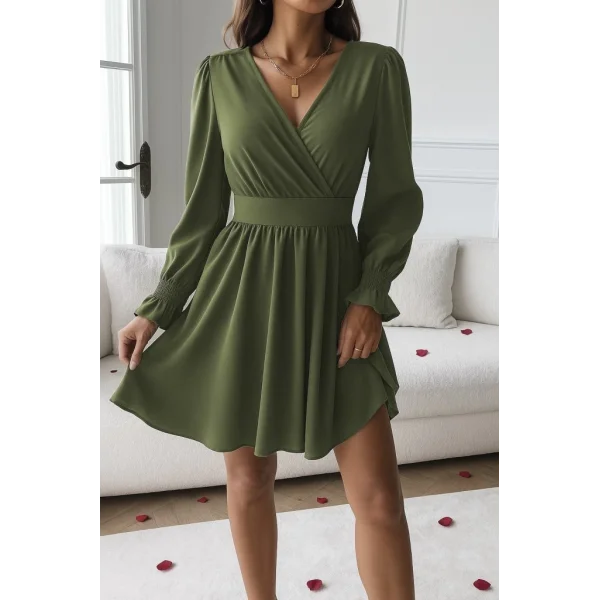 Kadın Uzun Kollu Kruvaze Yakalı Mini Sandy Elbise