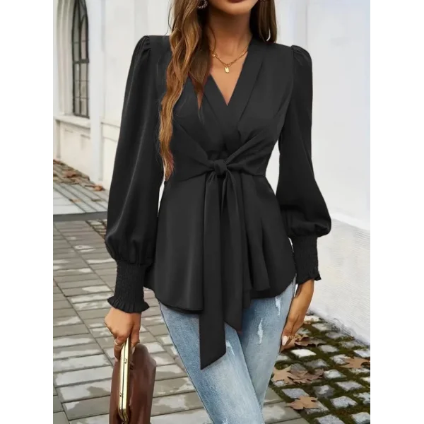 Kadın Uzun Kollu Kruvaze Yakalı önden Bağlamalı Ithal Krep Bluz