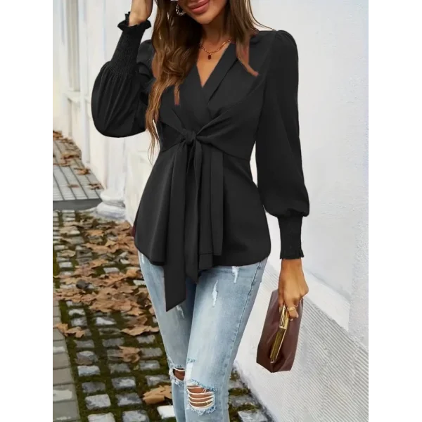 Kadın Uzun Kollu Kruvaze Yakalı önden Bağlamalı Ithal Krep Bluz