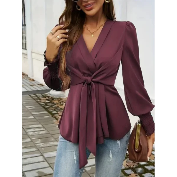 Kadın Uzun Kollu Kruvaze Yakalı önden Bağlamalı Ithal Krep Bluz