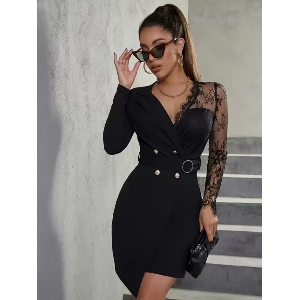 Kadın Uzun Kollu Kruvaze Yakalı önden Düğmeli Kısa Ithal Krep Elbise