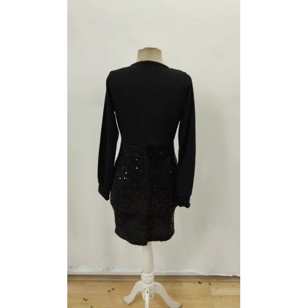 Kadın Uzun Kollu Kruvaze Yakalı üst Ithal Krep Alt Pulpayetli Mini Ithal Krep Elbise