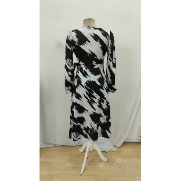 Kadın Uzun Kollu Kruvaze Yakalı Yandan Bağlamalı Desenli Mini Modal Elbise