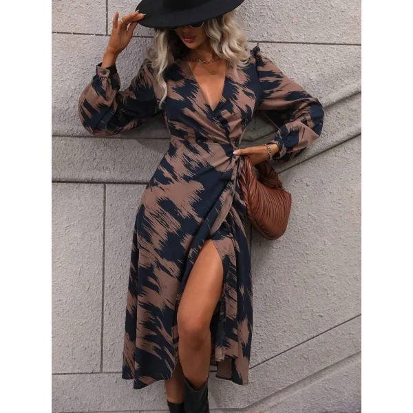 Kadın Uzun Kollu Kruvaze Yakalı Yandan Bağlamalı Desenli Mini Modal Elbise