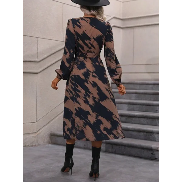 Kadın Uzun Kollu Kruvaze Yakalı Yandan Bağlamalı Desenli Mini Modal Elbise