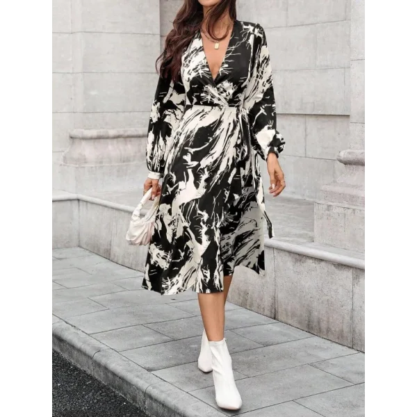 Kadın Uzun Kollu Kruvaze Yakalı Yandan Bağlamalı Desenli Mini Modal Elbise