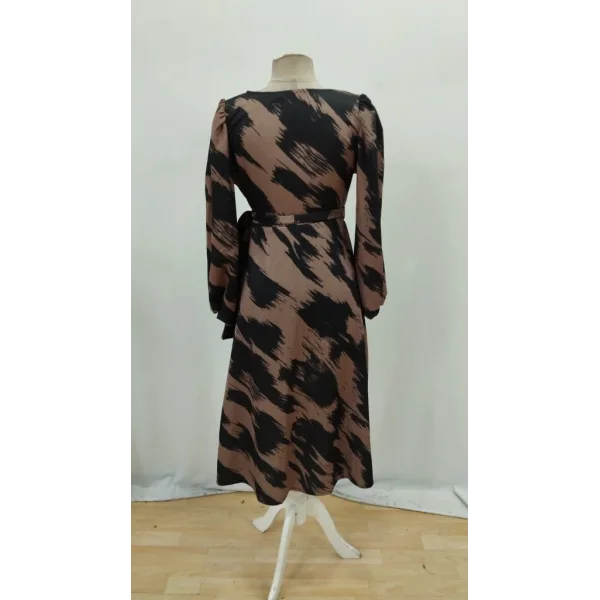 Kadın Uzun Kollu Kruvaze Yakalı Yandan Bağlamalı Desenli Mini Modal Elbise