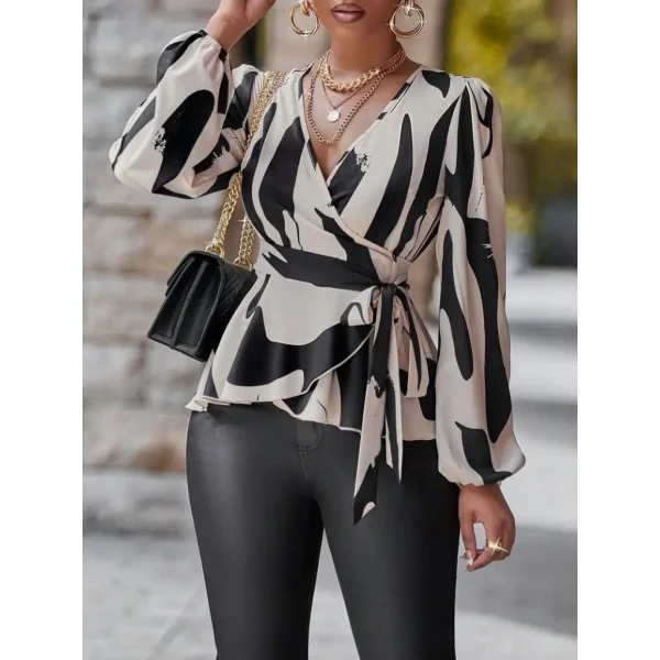 Kadın Uzun Kollu Kruvaze Yakalı Yandan Bağlamalı Kısa Beli Kuşaklı Modal Bluz