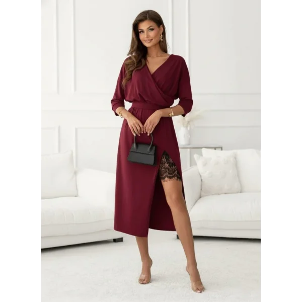 Kadın Uzun Kollu Kruvaze Yakalı Yandan Dantelli Midi Ithal Krep Elbise