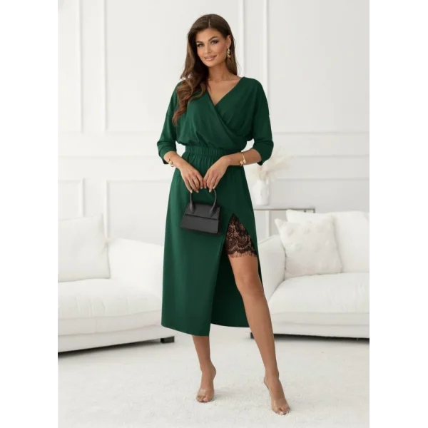 Kadın Uzun Kollu Kruvaze Yakalı Yandan Dantelli Midi Ithal Krep Elbise