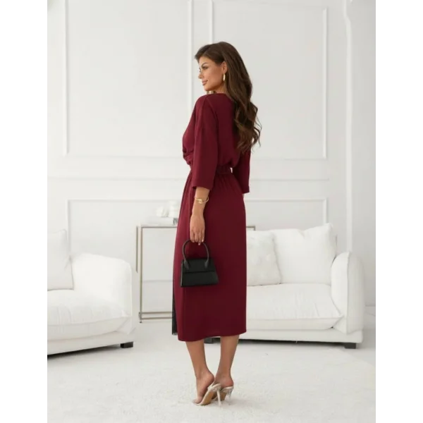 Kadın Uzun Kollu Kruvaze Yakalı Yandan Dantelli Midi Ithal Krep Elbise
